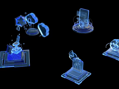 Transparent Blue 3D Tech Display Models With Various Shapes And Futuristic Structures 3d model