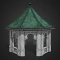 Octagonal White Stone Gazebo With Green Roof And Arched Openings