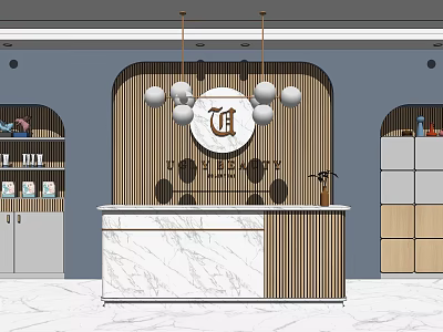 Modern Reception Desk With Marble Countertop Wooden Backdrop CB Logo And Spherical Pendant Lights 3d model