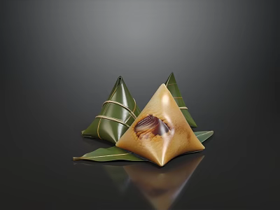 Traditional Chinese Sticky Rice Zongzi With Sweet Date Filling And Fresh Green Bamboo Leaves 3d model