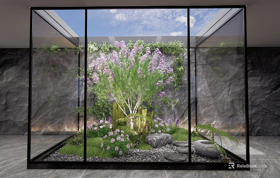 Indoor Courtyard Garden With Glass Enclosure Purple Flowers And Green Plants 3d model 