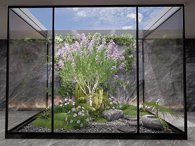 Indoor Courtyard Garden With Glass Enclosure Purple Flowers And Green Plants 3d model