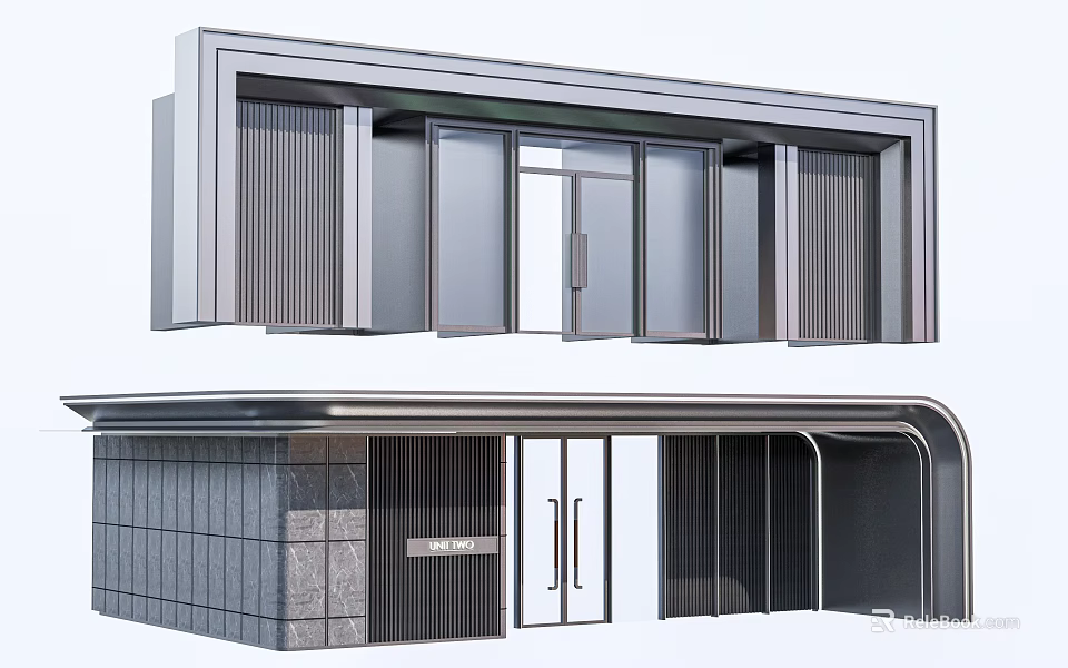 Modern Commercial Entrance Door With Metal Frame Glass Panels Vertical Slats And Curved Canopy 3d model 