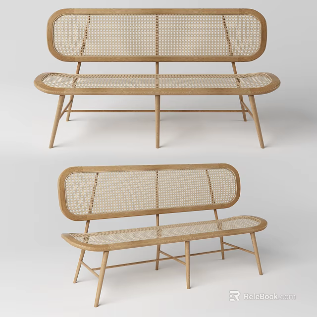 Outdoor Bench With Rattan Woven Backrest And Wooden Frame Modern Design 3d model 
