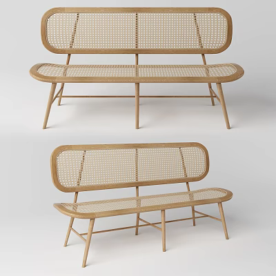 Outdoor Bench With Rattan Woven Backrest And Wooden Frame Modern Design 3d model