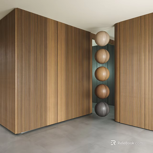 Wooden Vertical Slat Decorative Wall With Hanging Multicolored Spheres And Gray Floor 3d model 