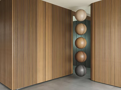 Wooden Vertical Slat Decorative Wall With Hanging Multicolored Spheres And Gray Floor 3d model