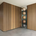 Wooden Vertical Slat Decorative Wall With Hanging Multicolored Spheres And Gray Floor