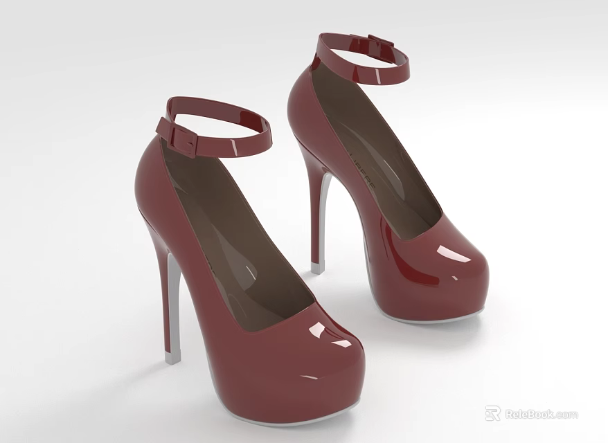 Elegant Burgundy High Heels With Glossy Finish Ankle Strap Round Toe Stiletto Heel 3d model 