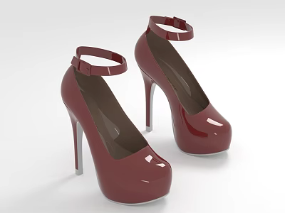 Elegant Burgundy High Heels With Glossy Finish Ankle Strap Round Toe Stiletto Heel 3d model