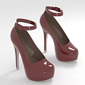 Elegant Burgundy High Heels With Glossy Finish Ankle Strap Round Toe Stiletto Heel