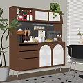 Modern Brown Sideboard With Glass Doors Drawers Green Plants And Coffee Machine