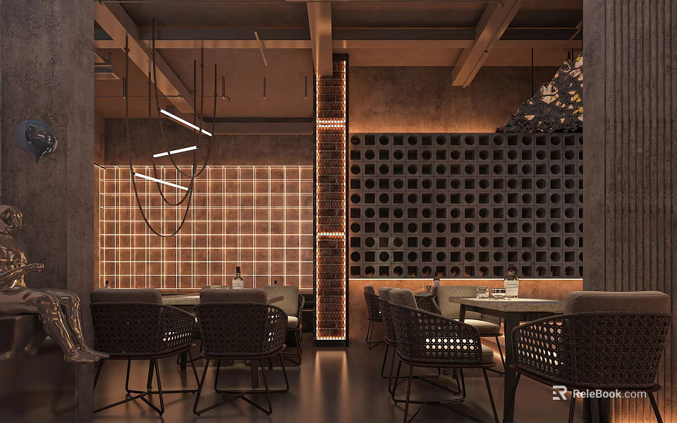 Modern Industrial Style Bar Interior With Grid Wall Pendant Lights And Dining Tables And Chairs 3d model 