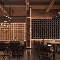 Modern Industrial Style Bar Interior With Grid Wall Pendant Lights And Dining Tables And Chairs
