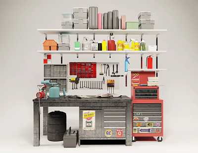 Organized Hardware Tools Workbench Featuring Tool Shelf Storage Cabinet and Various Tools 3d model