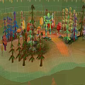Cartoon Scene With Green And Red Trees Blue Robot In Surrounding Green And Yellow Ground