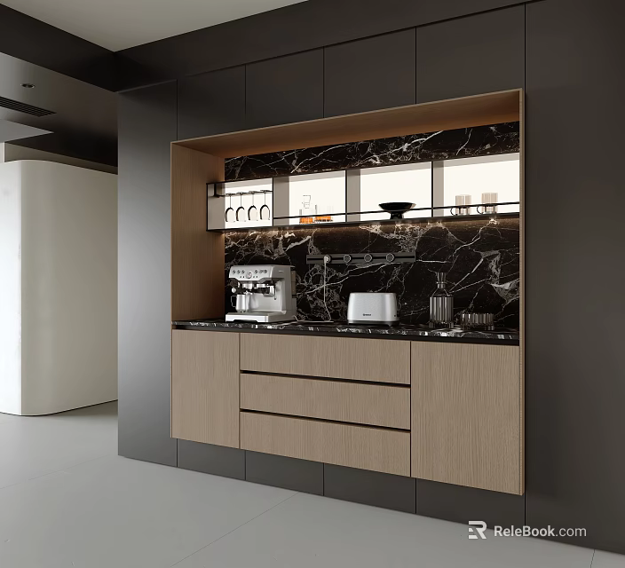 Modern Sideboard Interior With Black Wood Design Marble Top Coffee Machine And Toaster 3d model 
