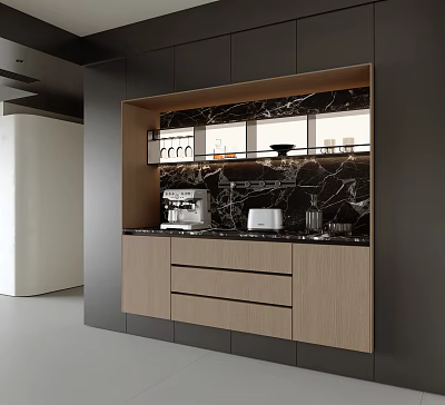 Modern Sideboard Interior With Black Wood Design Marble Top Coffee Machine And Toaster 3d model