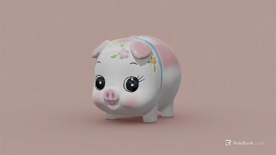 Decorative Piggy Bank Ornament with Pink White Gradient Floral Decor Blue Strap Cute Home Decoration 3d model 