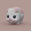Decorative Piggy Bank Ornament with Pink White Gradient Floral Decor Blue Strap Cute Home Decoration
