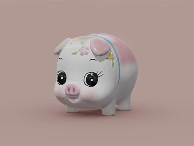 Decorative Piggy Bank Ornament with Pink White Gradient Floral Decor Blue Strap Cute Home Decoration 3d model