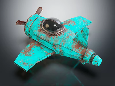 Vintage Rusted Teal Metal Airplane Model With Unique Retro Cockpit Design 3d model