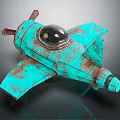 Vintage Rusted Teal Metal Airplane Model With Unique Retro Cockpit Design