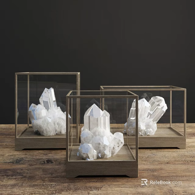 Crystal Ornament Decor Set in Glass Cases with Wooden Bases for Home 3d model 