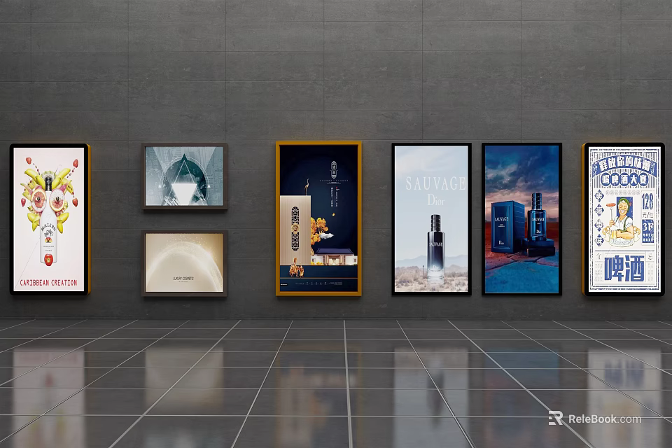 Multiple Advertising Billboards Displayed on Wall in Exhibition Space With Various Designs 3d model 