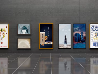 Multiple Advertising Billboards Displayed on Wall in Exhibition Space With Various Designs 3d model