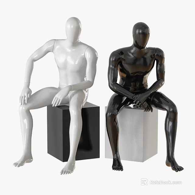 Commercial Mannequins in Sitting Pose Black and White with Cube Bases for Retail 3d model 
