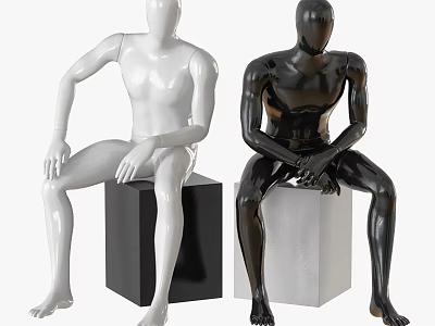 Commercial Mannequins in Sitting Pose Black and White with Cube Bases for Retail 3d model