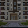 Modern Apartment Building Main Entrance Gate With Stone Facade Glass Doors Decorative Canopy and Balconies