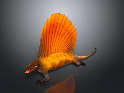 Prehistoric Sailback Reptile Character Realistic Orange Yellow 3D Model Isolated on Gray Background 3d model