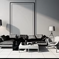 Modern Gray Sofa and Coffee Table Set with Artwork on Brick Wall and Floor Lamp 3d model