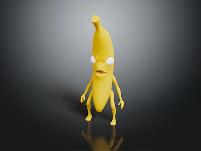 Cartoon Anthropomorphic Banana Character With White Eyes Open Mouth and Limbs Standing on Black Surface 3d model