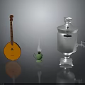 Orange String Instrument Green Oil Lamp And Silver Samovar On Reflective Black Surface
