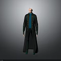 White Haired Character Design In Dark Long Coat With Gold Buttons And Blue Inner Garment