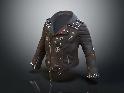 Stylish Black Leather Jacket With Studs Patches And Zipper Details 3d model