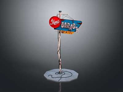 Outdoor Advertising Sign with Red Circular Logo Blue Signboard Light Pole and Base 3d model