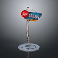 Outdoor Advertising Sign with Red Circular Logo Blue Signboard Light Pole and Base
