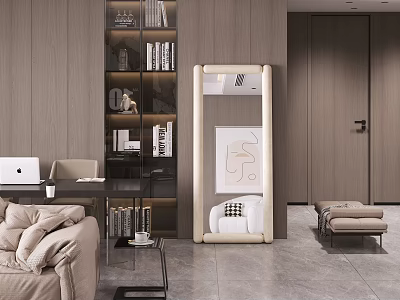 Beige Framed Full Length Mirror in Modern Living Room With Sofa And Bookshelf 3d model
