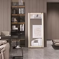 Beige Framed Full Length Mirror in Modern Living Room With Sofa And Bookshelf