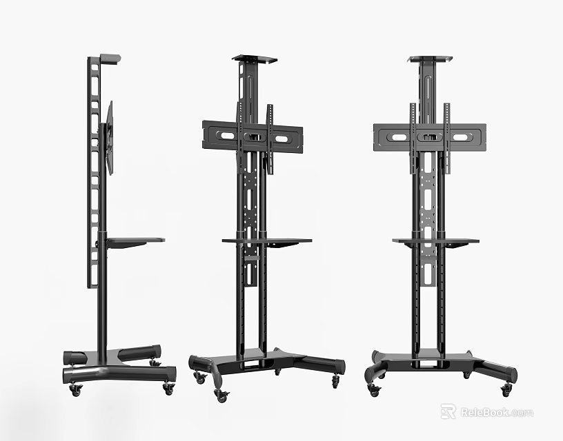 Three Black Mobile Shelving Units With Stand Structure And Rolling Wheels 3d model 