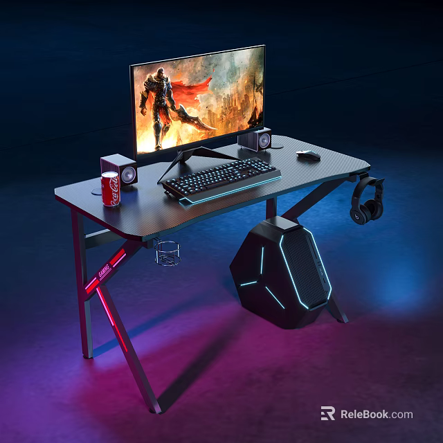 Modern Entertainment Desk With RGB Lighting Monitor Keyboard Mouse Headphones And PC Tower 3d model 