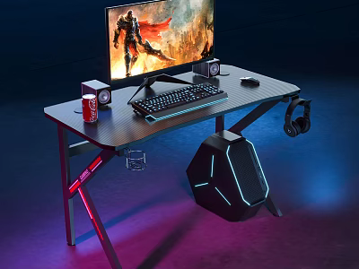 Modern Entertainment Desk With RGB Lighting Monitor Keyboard Mouse Headphones And PC Tower 3d model