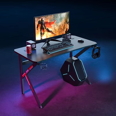 Modern Entertainment Desk With RGB Lighting Monitor Keyboard Mouse Headphones And PC Tower 3d model
