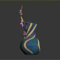Artistic Sculpted Vase with Blue and Gold Stripes and Pink Flowers in Unique Curved Design