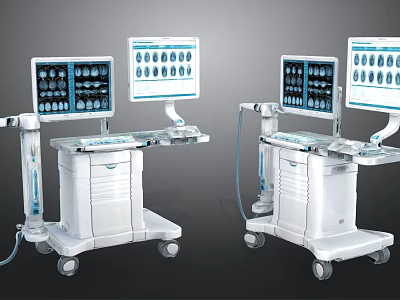 Mobile Medical Workstations with Dual Displays Showing Medical Images and Movable Wheels 3d model