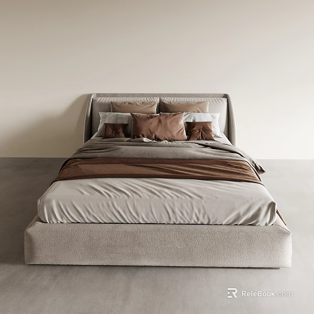 Double Bed Light Beige Frame Layered Gray Brown Bedding Multiple Pillows Light Walls Gray Floor 3d model